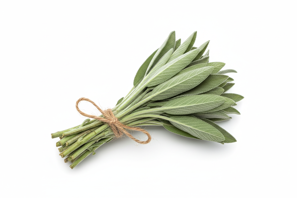 bunch of sage sprigs tied with twine laying on a white background with no shadows