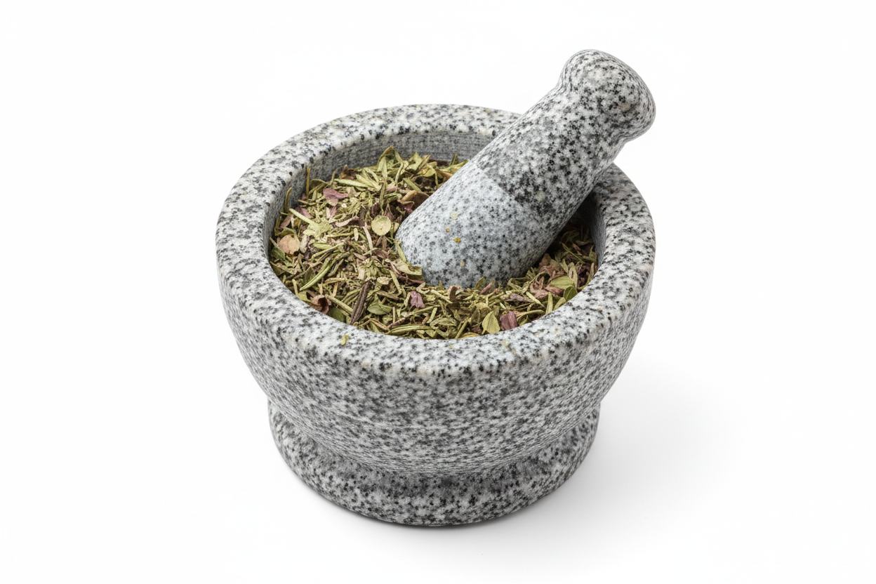mixed dried herbs in a mortar and pestle on a white background with no shadows