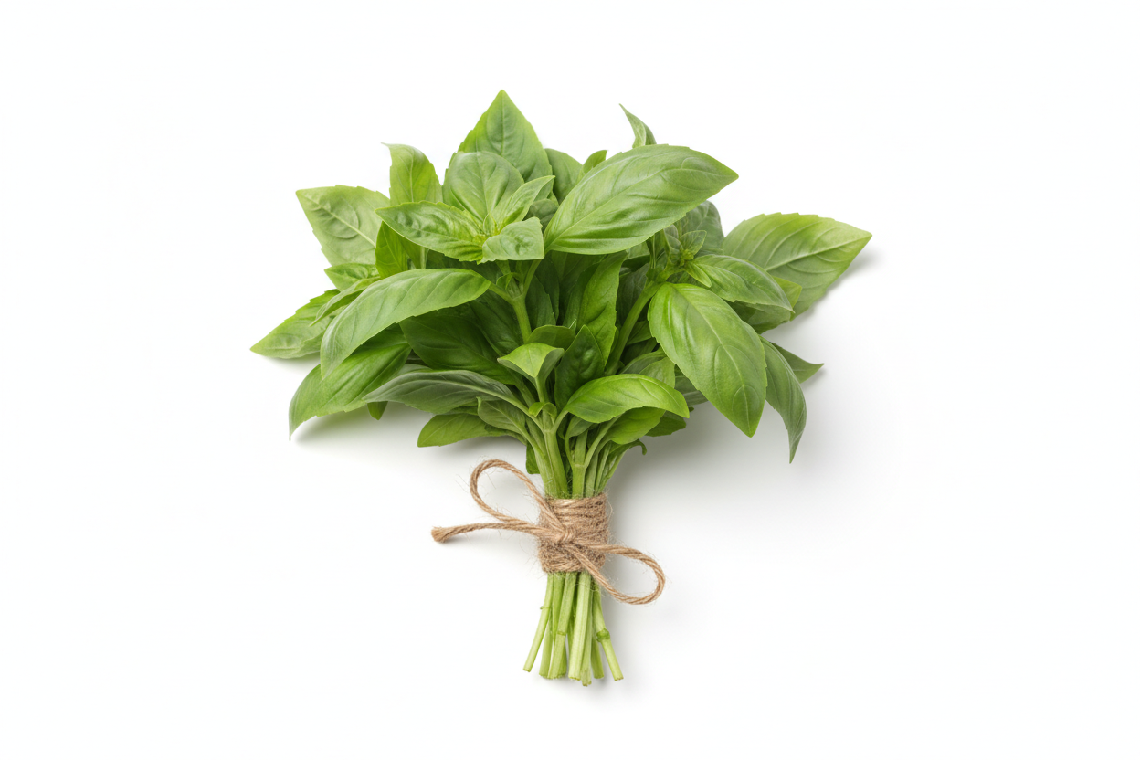 bunch of basil sprigs tied with twine laying on a white background with no shadows