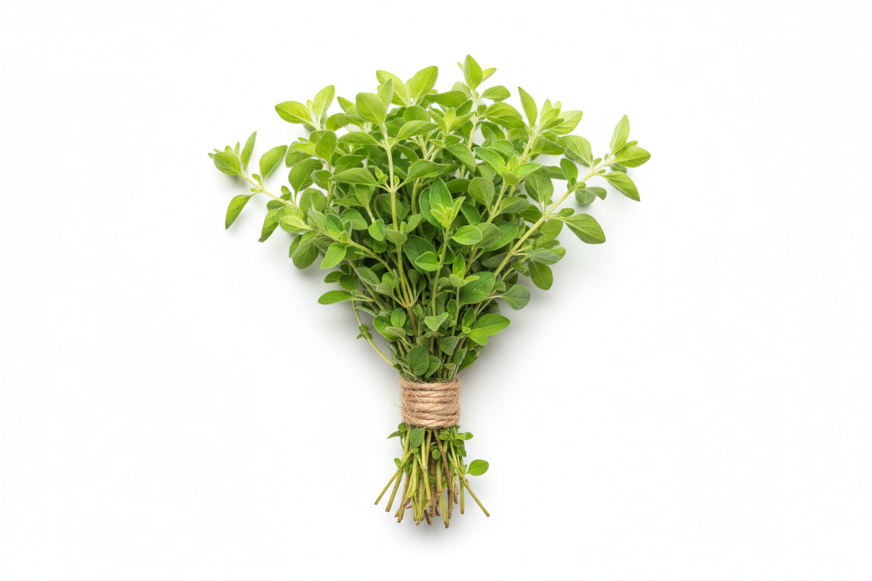 bunch of oregano sprigs tied with twine laying on a white background with no shadows