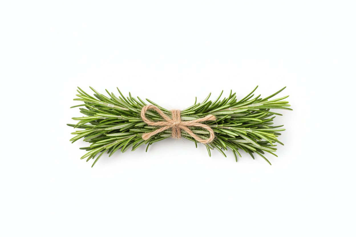 bunch of rosemary sprigs tied with twine laying on a white background with no shadows