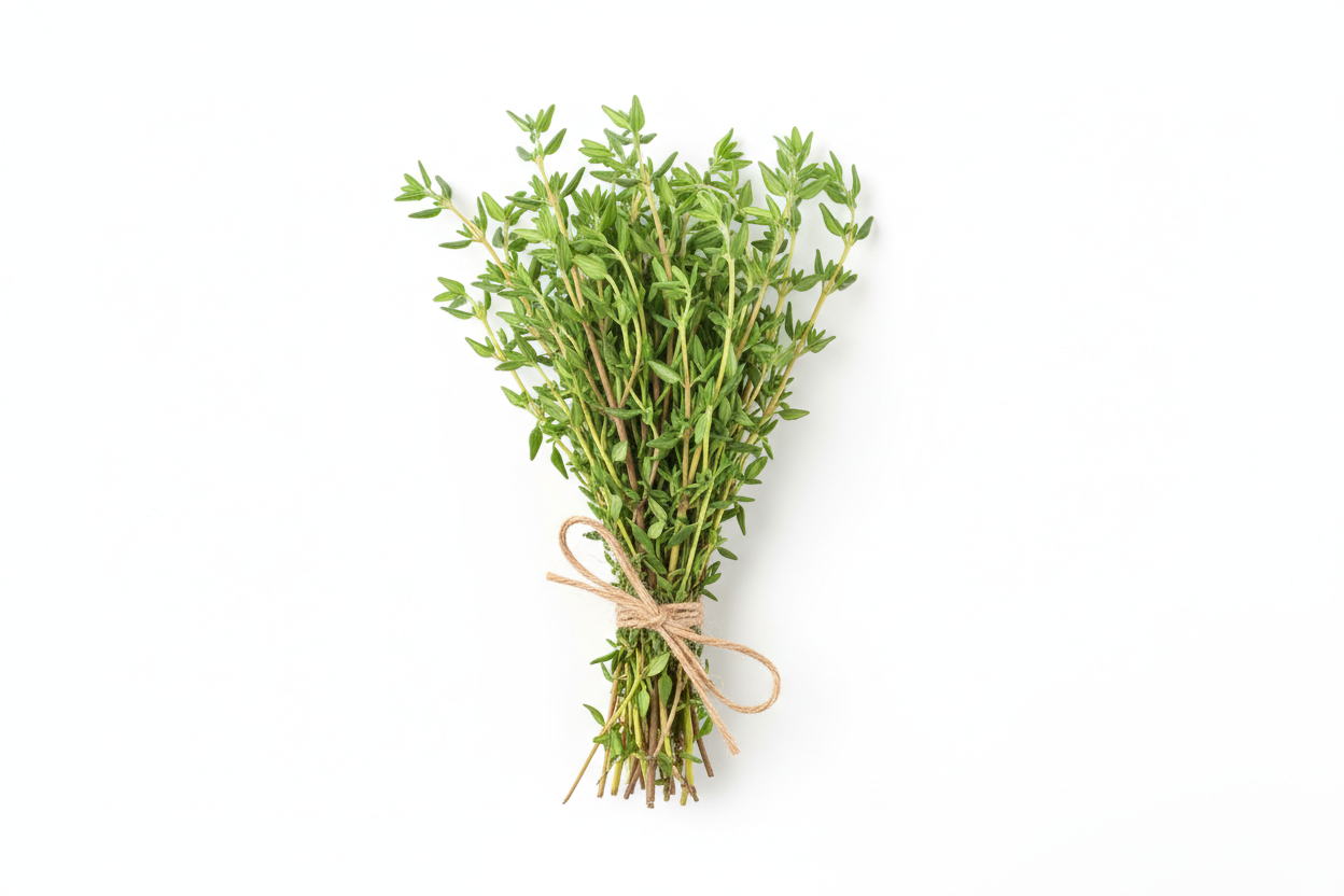 bunch of thyme sprigs tied with twine laying on a white background with no shadows
